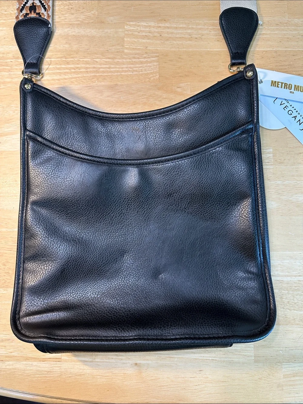 Metro Black Vegan Leather Crossbody with Patterned Strap